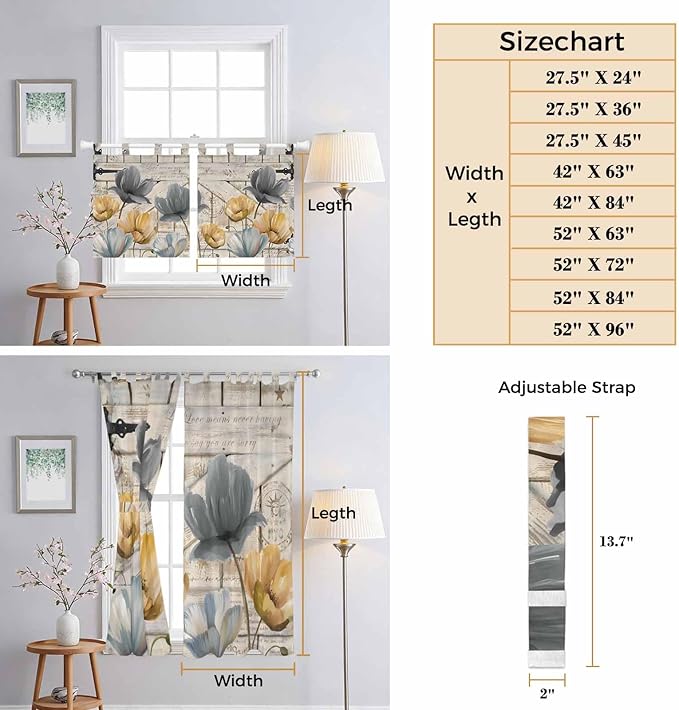 Spring Tulips Flower Bedroom Curtains 72 Inch Length, Window Curtains Tab Top, Vintage Floral Barn Doors Rustic Beige Light Filtering Window Treatments Drapes 52"x72" 2 Panel