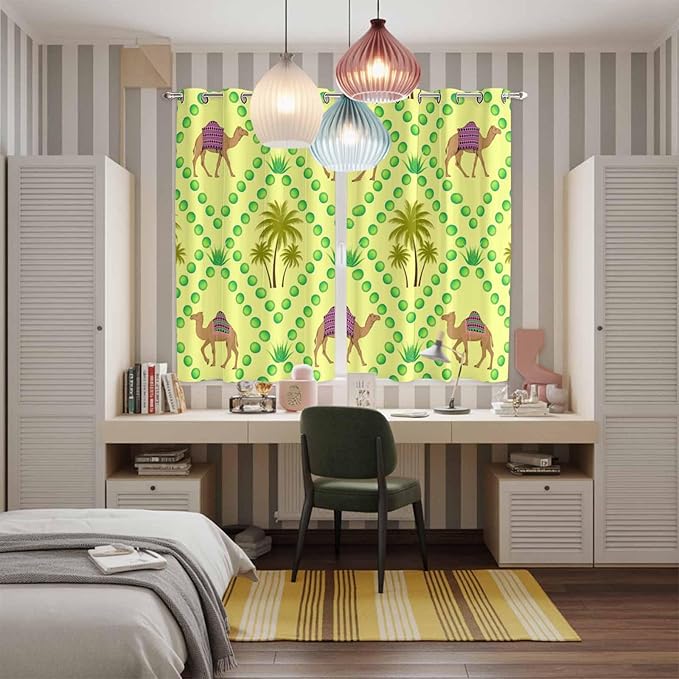 2 Panel Kitchen Cafe Curtains, Desert Sand Camels Sunlight Filtering Nature Air Through, Window Decor Tier Curtains for Living Room 80W x 63L inch Palm Trees Tropical Plants Polka Dot Yellow