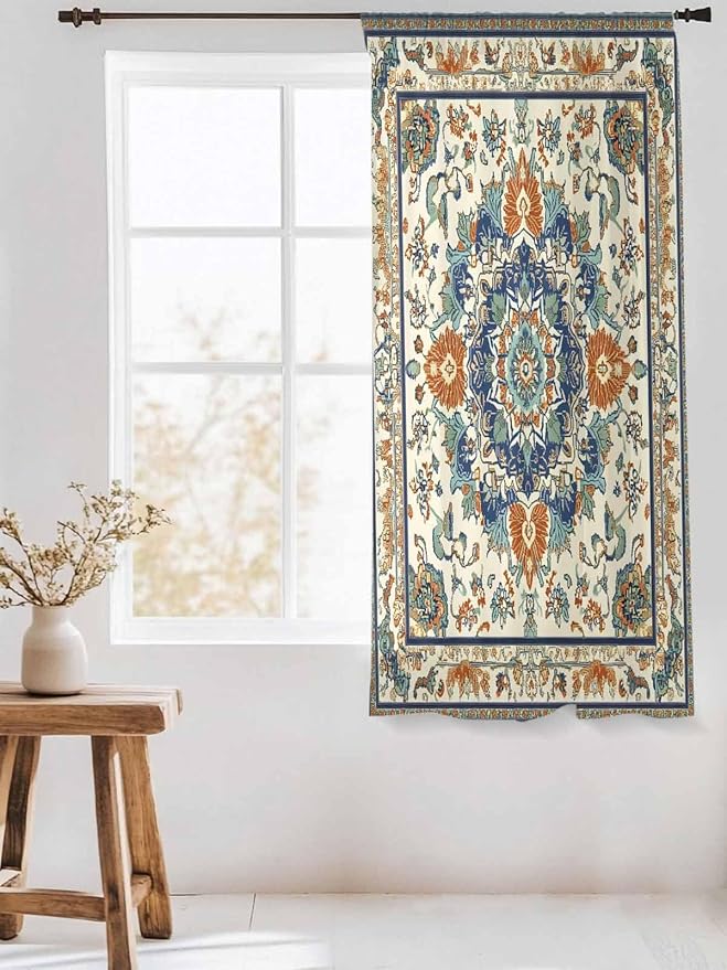 Sheer Curtains 63 Inch Length, Southwest Farmhouse Semi Sheer Curtains Light Filtering Window Treatment, Orange Blue Desert Bohemian Privacy Voile Drapes for Living Room Bedroom 52x63 Inch