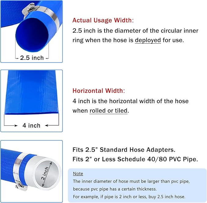 DAVCO 2.5" x 50 ft Pool Backwash Hose, Heavy Duty Reinforced Blue PVC Lay Flat Water Discharge Pump Hoses For Swimming Drain Pools and Clean Filters,with 1 Clamp