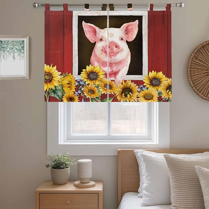 Pigs Sunflowers Bedroom Curtains 63 Inch Length, Window Curtains Tab Top, Farmhouse Red Barn Flowers Animals Light Filtering Window Treatments Drapes 42"x63" 2 Panel