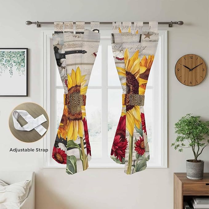 Red Yellow Sunflowers Bedroom Curtains 72 Inch Length, Window Curtains Tab Top, Retro Rustic Barn Doors Butterfly Brown Light Filtering Window Treatments Drapes 52"x72" 2 Panel
