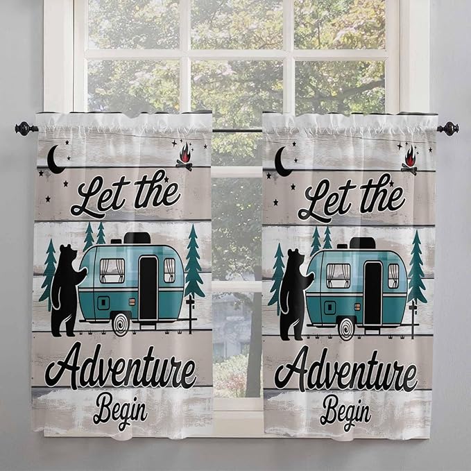 Farmhouse Bear Camper Van Tree Window Valance Curtains, Vintage Wood Grain Light Filtering Kitchen Valance with 3-inch Rod Pocket for Living Room Bathroom Bedroom,2 Panel,42x54In
