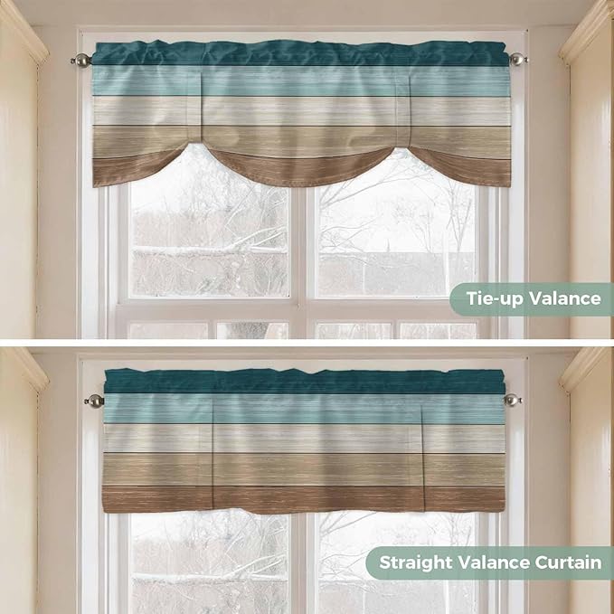 Teal Brown Tie Up Valance Curtains for Windows, Kitchen Curtains Window Shades, Farmhouse Vintage Abstract Wooden Grain Light Filtering Roman Curtain Valances for Bedroom/Bathroom/Cafe 42"x12"