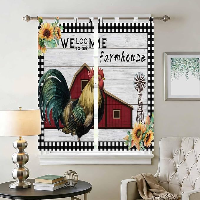 Farmhouse Rooster Bedroom Curtains 72 Inch Length, Window Curtains Tab Top, Rustic Red Barn Windmill Sunflowers Light Filtering Window Treatments Drapes 52"x72" 2 Panel