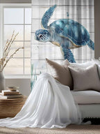 Sheer Curtains 72 Inches Long, Teal Green Ocean Turtle Semi Sheer Curtains Light Filtering Window Treatment, Coastal Seaweed Wood Grain Privacy Voile Drapes for Living Room Bedroom 52x72 Inch