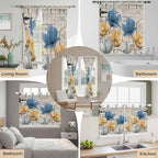 Blue Yellow Tulips Living Room Curtains 84 Inch Length, Window Curtains Tab Top, Retro Farmhouse Flower Barn Doors Wooden Light Filtering Window Treatments Drapes 52"x84" 2 Panel