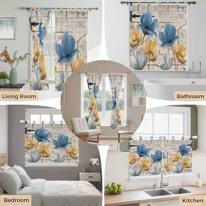 Blue Yellow Tulips Bedroom Curtains 72 Inch Length, Window Curtains Tab Top, Retro Farmhouse Flower Barn Doors Wooden Light Filtering Window Treatments Drapes 52"x72" 2 Panel