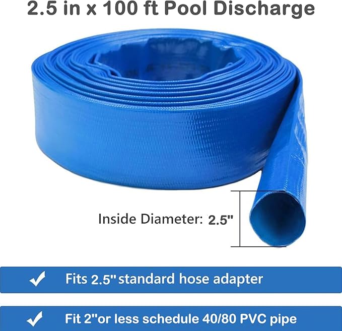Eastrans 2.5 IN x 100 FT Heavy Duty Flat Discharge Hose, Weather & Burst Resistant, Best Hose for Inground Pools, Pool Filter & Drain Hose