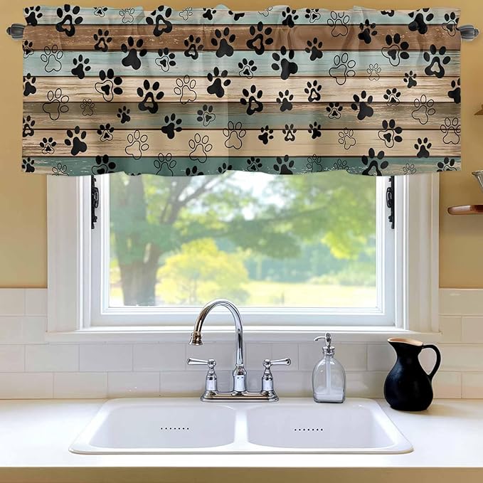 Dog Paws Valances for Windows, Teal Brown Wood Grain Kitchen Valance Light Filtering Rod Pocket Short Curtains for Kitchen Bathroom, 1 Panel, 42"x18"