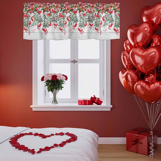 Poinsettia Berry Valance Curtains for Kitchen, Red Floral Winter Plants Vintage Wood Grain Privacy Rod Pocket Valance Curtain, Light-Filtering Window Treatment for Bedroom Bathroom, 60"x18"