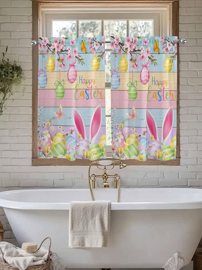 Colorful Easter Tier Curtains 45 Inches Long, Spring Watercolor Bunny Egg Flower Wood Grain Window Treatment Curtain Drapes, Window Half Privacy Curtains for Bedroom Bathroom, 42"x45", 2 Panels