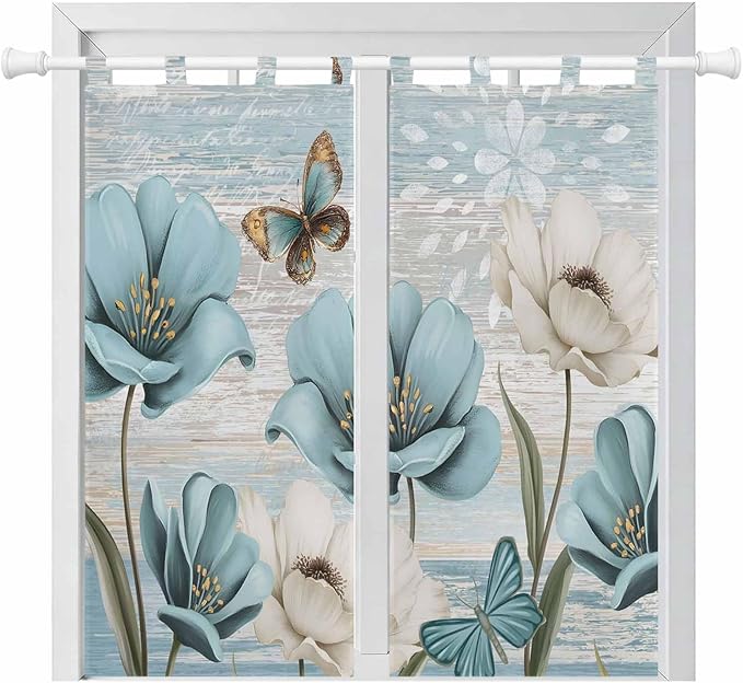 Spring Floral Bedroom Curtains 72 Inch Length, Window Curtains Tab Top, Vintage Tulips Flower Butterfly Retro Wood Blue Light Filtering Window Treatments Drapes 52"x72" 2 Panel