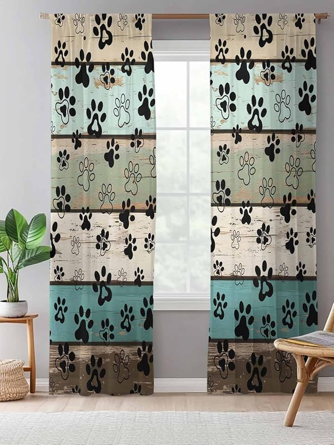 Sheer Curtains 108 Inches Long, Sage Green Brown Paw Prints Semi Sheer Curtains Light Filtering Window Treatment, Vintage Farmhouse Wooden Grain Privacy Voile Drapes for Living Room 52x108 Inch
