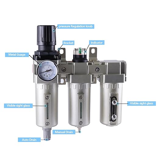 1/2 Inch NPT Industrial Grade Three Stage Air Drying System, Particulate Filter, Coalescing Filter, Desiccant Dryer and Air Regulator, 0-240 PSI, Auto Drain