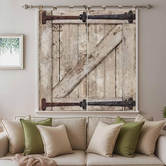 Farmhouse Wood Grain Living Room Curtains 84 Inch Length, Window Curtains Tab Top, Vintage Country Barn Gate Brown Light Filtering Window Treatments Drapes 42"x84" 2 Panel