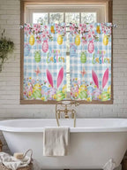 Happy Easter Kitchen Curtains 54 Inches length, Spring Watercolor Bunny Eggs Flower Blue Plaid Window Treatment Curtain Drapes, Thermal Insulated Drapes for Basement Hotel RV, 42"x54", 2 Panels