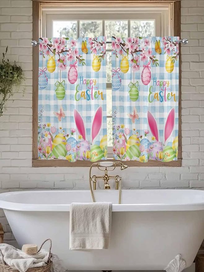 Happy Easter Tier Curtains 45 Inches Long, Spring Watercolor Bunny Eggs Flower Blue Plaid Window Treatment Curtain Drapes, Window Half Privacy Curtains for Bedroom Bathroom, 42"x45", 2 Panels