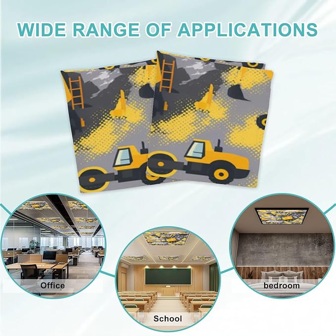4 Pcs Fluorescent Light Covers for Ceiling Lights Yellow Construction Vehicles Excavators Cranes Trucks Gray Decorative Magnets Light Filters for Office Home Classroom Must Haves 4’ x 2’