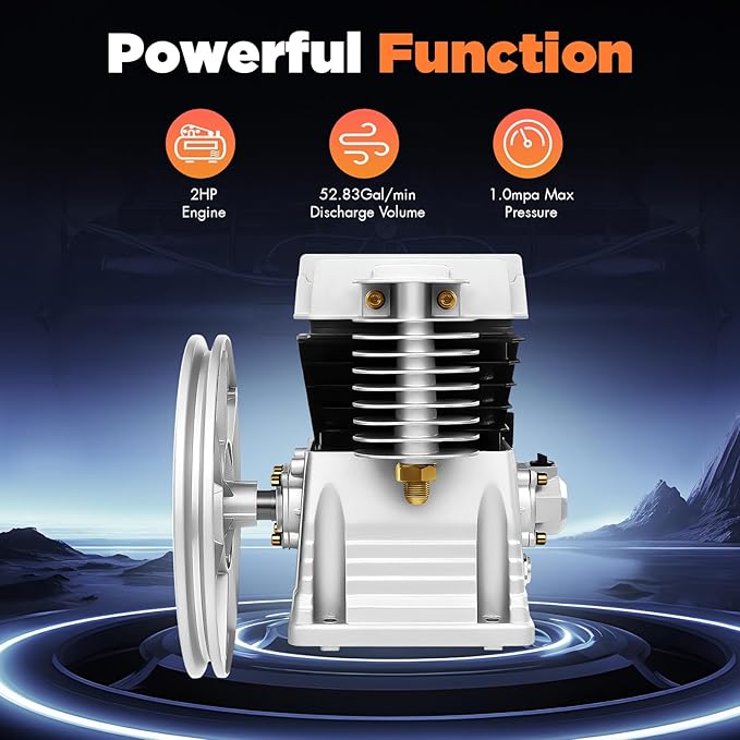 Air Compressor Pump Head, 2HP Air Compressor Pump-Head, 1500W Portable 52.83Gal/Min 10.24in Pulley Outer Diameter Aluminum Painting Twin Cylinder W/oil drain plug, Air Filter Muffler