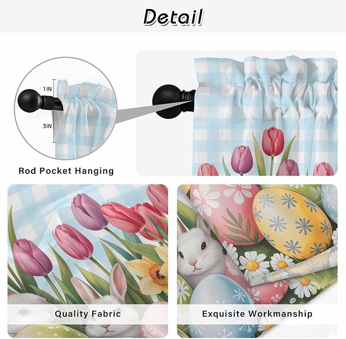 Easter Kitchen Tier Curtains 45 Inch Long 2 Panel Set,Rod Pocket Short Window Treatment,Spring Bunny Colorful Eggs Tulip Flowers Blue Check Light Filtering Curtains & Drapes for Bathroom 27.5"W x 45"L