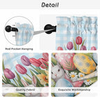 Easter Kitchen Tier Curtains 45 Inch Long 2 Panel Set,Rod Pocket Short Window Treatment,Spring Bunny Colorful Eggs Tulip Flowers Blue Check Light Filtering Curtains & Drapes for Bathroom 27.5"W x 45"L