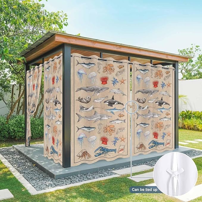 Vintage Outdoor Curtains for Patio Sharks Whales Lobsters Biographies Waterproof Outside Curtains with Grommet Top Weatherproof Curtain for Cabana Pergola Gazebo, 1 Panel, 54" W x 108" L