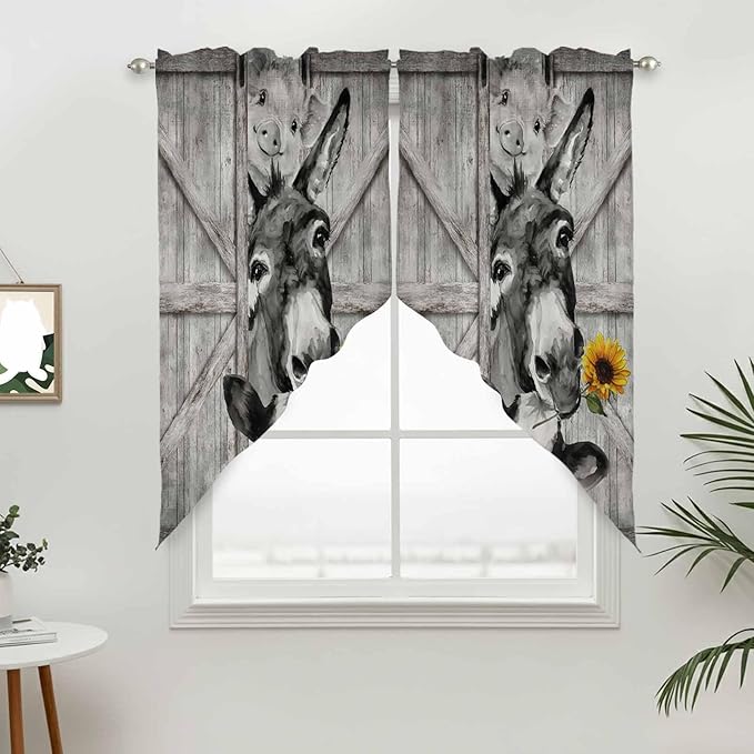 Funny Farm Animals Swag Valances for Windows, Vintage Barn Grey Sunflowers Rod Pocket Kitchen Curtains Valance, Small Window Curtains Swag for Cafe Bathroom Living Room, 2 Panels, 36x36 inch