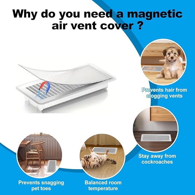 6-Pack White Magnetic Vent Covers 5.5x12 Inch - Universal Fit for Floor, Wall & Ceiling Registers (5.5"-7" Width x 12"-13"Length) | High Airflow Mesh Design | Tool-Free Easy Installation