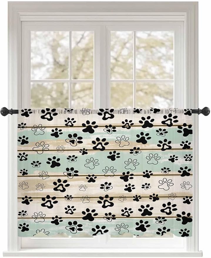 Sheer Curtains 45 Inch Length, Sage Green Beige Farmhouse Semi Sheer Curtains Light Filtering Window Treatment, Black Dog Paw Vintage Wooden Privacy Voile Drapes for Living Room Bedroom 52x45 Inch