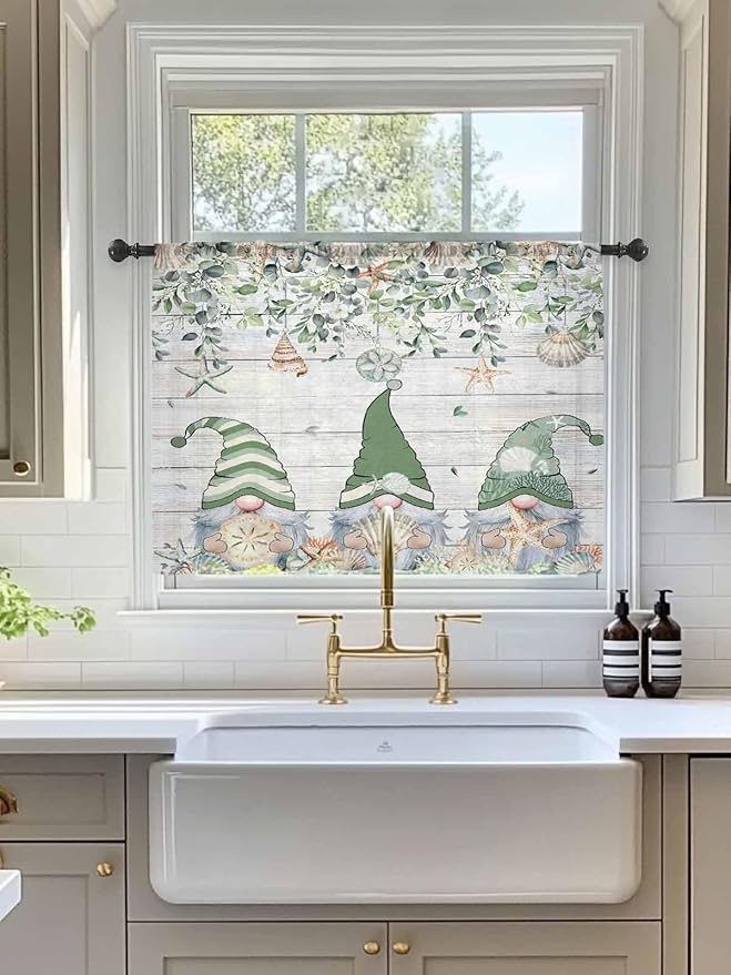 Sheer Curtains 54 Inch Length, Coastal Eucalyptus Leaf Semi Sheer Curtains Light Filtering Window Treatment, Sage Green Gnomes Starfish Privacy Voile Drapes for Living Room Bedroom 52x54 Inch