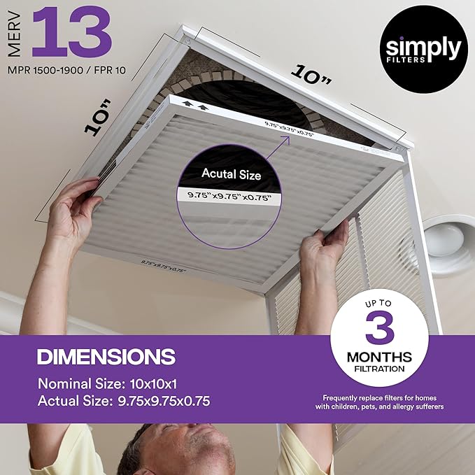 Simply 10x10x1 Air Filter, Merv 13, 6 Pack, For Home AC Furnace & HVAC (Actual Size: 9.75"x9.75"x0.75") DUST, Pet, & Allergy Control