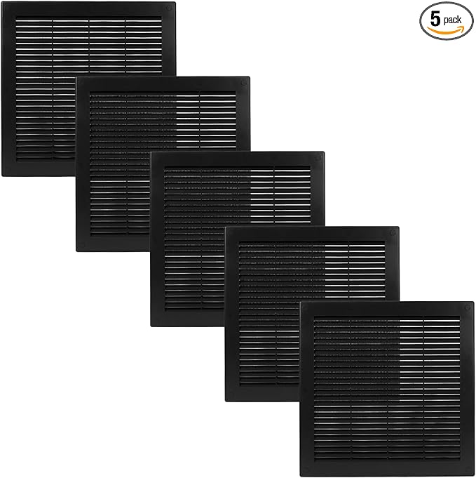 Vent Systems 10" x 10" Inch (Opening Dimensions) - Pack of 5 - Plastic Black Soffit Vent Cover - Flat Square Air Vent Grille - Air Vent Deflector - HVAC 12" x 12" Inch (Overall Dimensions)