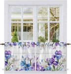 Spring Flowers Tier Curtains, Watercolor Garden Florals Wooden Grain Light Filtering Kitchen Curtains, 2Pcs Rod Pocket Half Window Treatments Panels for Sink Cafe Cabinet Camper 27.5x24 Inches