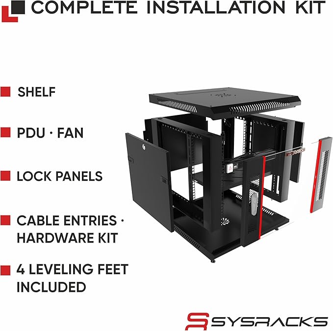 Sysracks 9U Wall Mount Server Rack Cabinet, 19” Locking Network Rack, 24” Deep, Glass Door, with Fan, PDU and Shelf