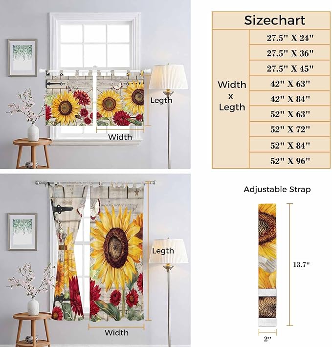 Red Yellow Sunflowers Bedroom Curtains 63 Inch Length, Window Curtains Tab Top, Retro Rustic Barn Doors Butterfly Brown Light Filtering Window Treatments Drapes 42"x63" 2 Panel