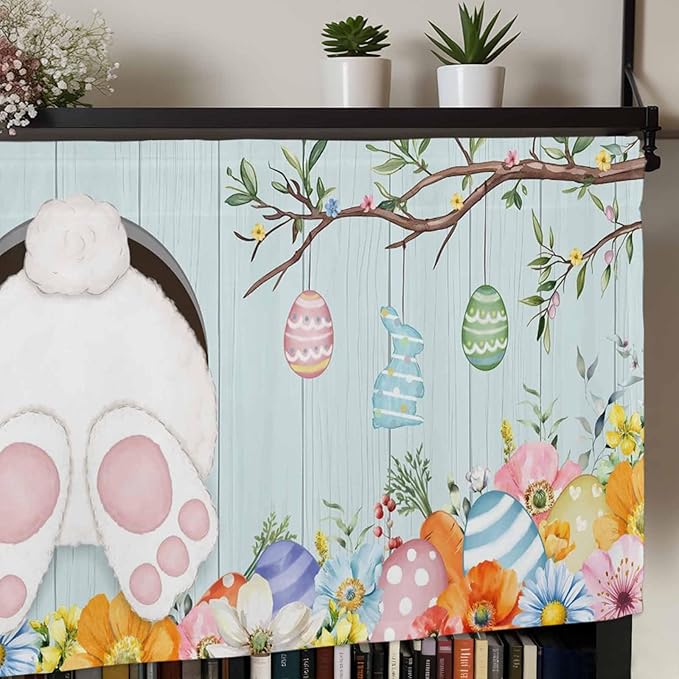 Easter Bunny Curtain Valances for Windows, Kitchen Valance Window Treatment, Easter Eggs Spring Farmhouse Wood Grain Teal Blue Light Filter Block Curtains for Bathroom/Bedroom/Living Room 60'' x 18''