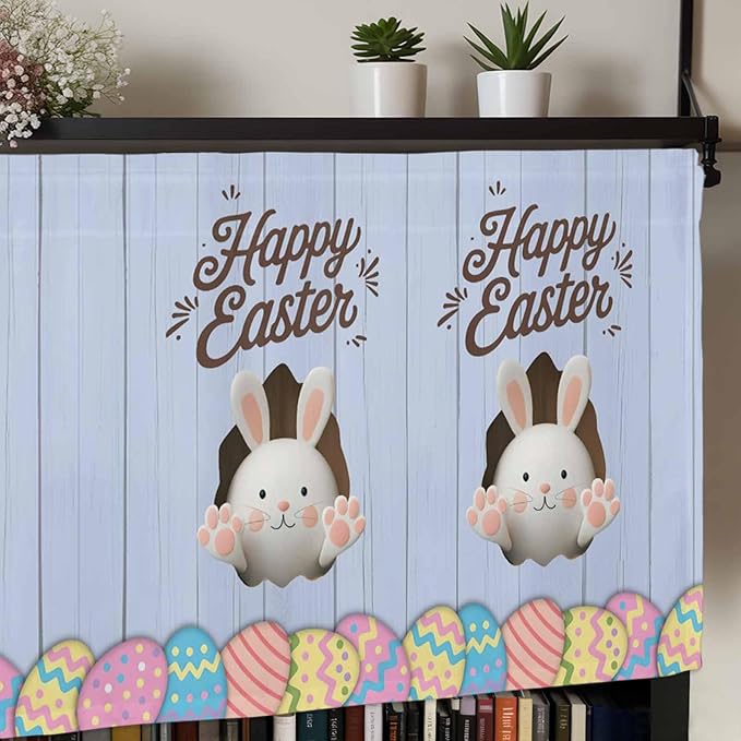 Blue Easter Curtain Valances for Windows, Kitchen Valance Window Treatment, Spring Cartoon Bunny Colorful Eggs Wood Grain Light Filtering Block Curtains for Bathroom/Bedroom/Living Room 42'' x 18''