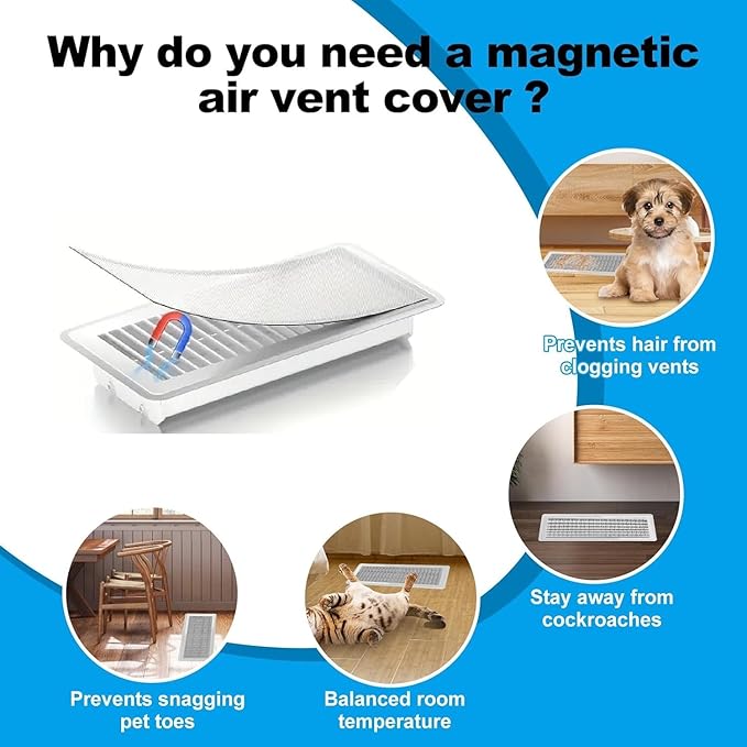 4 PCS Strong Magnetic Vent Covers-7"x11" Magnetic Air Vent Screen Mesh for Floor, Wall, or Ceiling Registers (7"-8" Wx11"-12" L) | High -Easy to Install, Secure Fit, and Durable Design-(White)