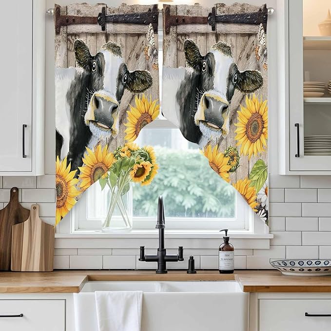 Retro Farmhouse Flower Swag Valances for Windows, Yellow Sunflowers Cow Barn Doors Brown Rod Pocket Kitchen Curtains Valance, Small Window Curtains Swag for Cafe Living Room, 2 Panels, 36x36 inch