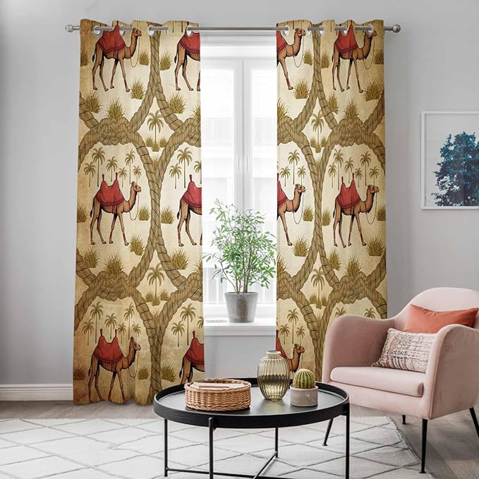 2 Panel Kitchen Cafe Curtains, Brown Desert Camels Sunlight Filtering Nature Air Through, Window Decor Tier Curtains for Living Room 80W x 84L inch Tropical Date Coconut Trees Cords Leaves