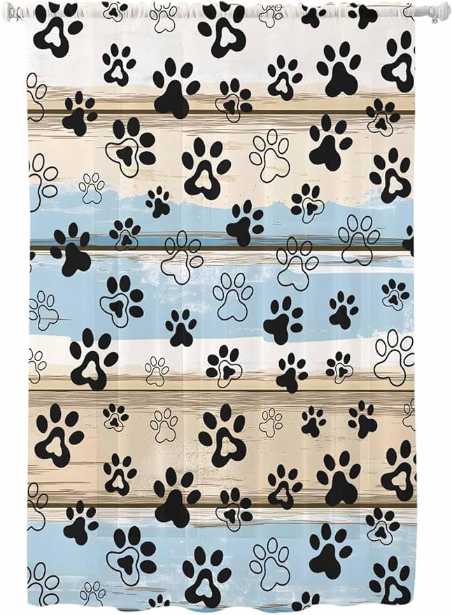Sheer Curtains 63 Inch Length, Blue Dog Paw Print Semi Sheer Curtains Light Filtering Window Treatment, Vintage Farmhouse Rustic Wooden Grain Privacy Voile Drapes for Living Room Bedroom 52x63 Inch