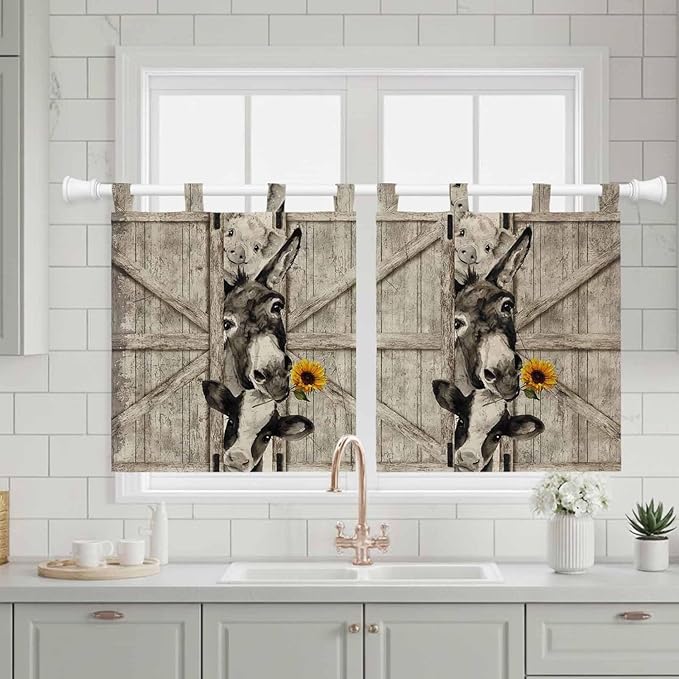 Funny Farm Animals Kitchen Curtains 36 Inch Length, Small Window Curtains Tab Top, Vintage Barn Brown Sunflowers Light Filtering Short Window Treatments Tier Drapes 27.5"x36" 2 Panel