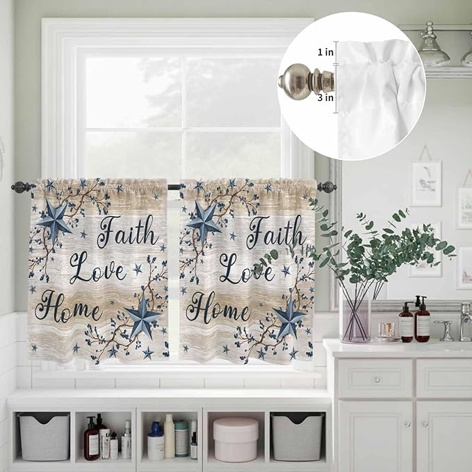 Vintage Country Kitchen Curtains Set 3 Piece for Windows,Rod Pocket Valance and Tier Set 24 Inch Length,Blue Rustic Texas Star Vines Wooden Grain Light Filtering Cafe Curtains for Living Room