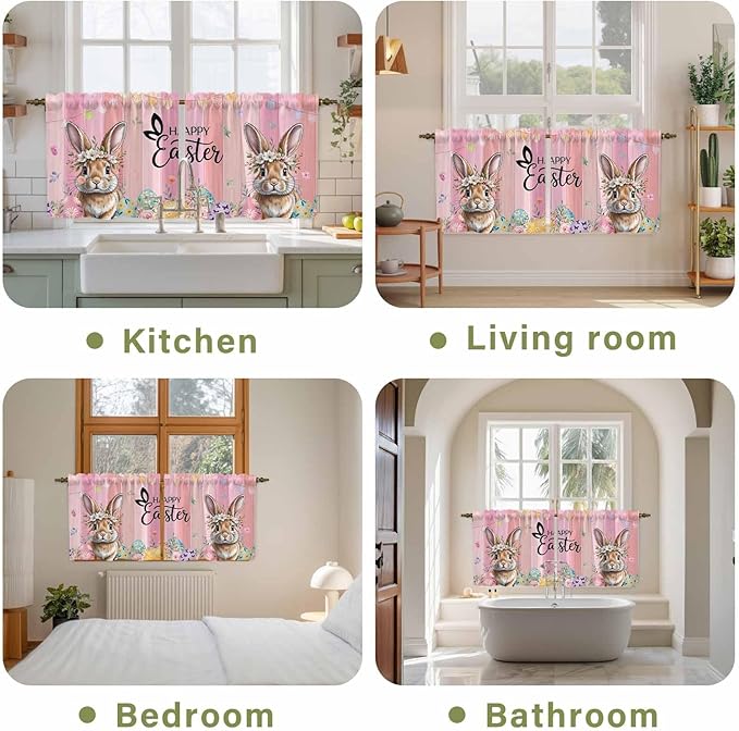 Easter Tier Curtains, Spring Rabbit Eggs Flowers Flags Leaves Wood Grain Light Filtering Kitchen Curtains, 2Pcs Rod Pocket Half Window Treatments Panels for Sink Cafe Cabinet Camper 27.5x36 Inches