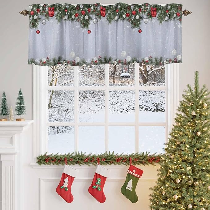 Christmas Curtain Valances for Windows, Kitchen Valance Window Treatment, Winter Xmas Balls Pine Branches Wooden Grain Light Filtering Block Curtains for Bathroom/Bedroom/Living Room 60'' x 18''