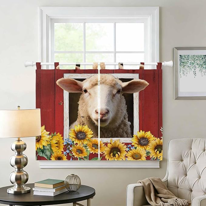 Sheep Sunflower Kitchen Curtains 45 Inch Length, Short Cafe Window Curtains Tab Top, Country Red Farm Barn Spring Flowers Light Filtering Window Treatments Tier Drapes 27.5"x45" 2 Panel