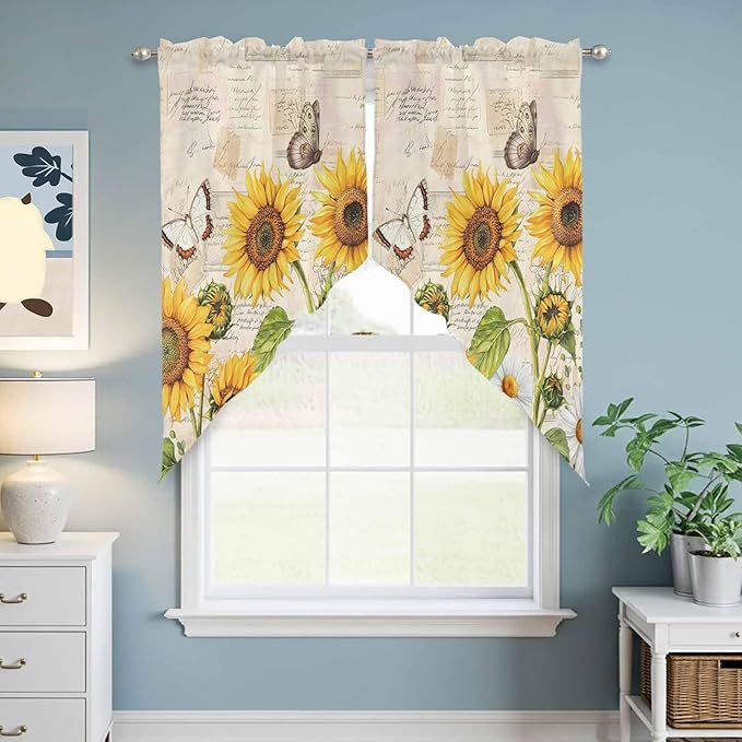 Yellow Sunflowers Swag Valances for Windows, Country Farm Butterfly Flower Light Beige Rod Pocket Kitchen Curtains Valance, Small Window Curtains Swag for Cafe Living Room, 2 Panels, 36x36 inch