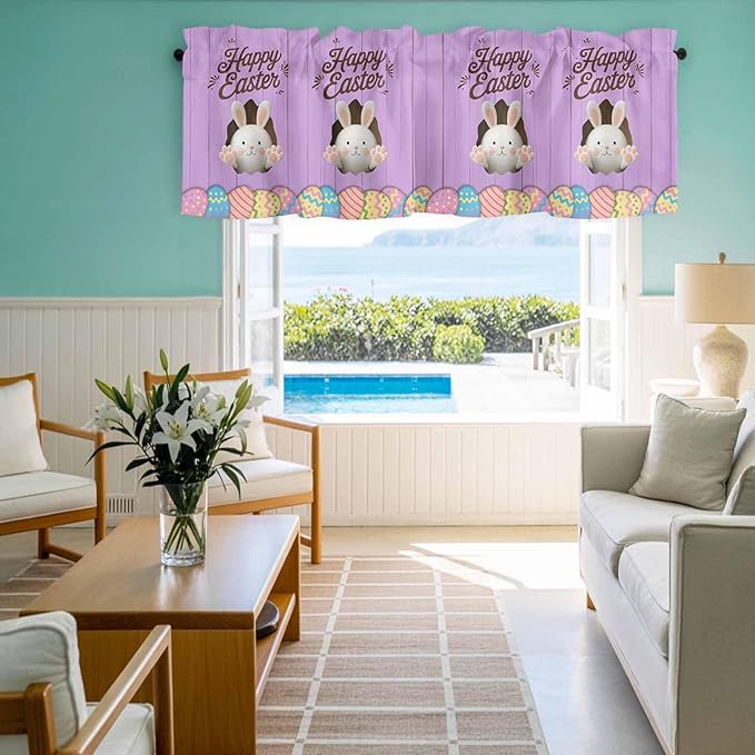 Purple Easter Curtain Valances for Windows, Kitchen Valance Window Treatment, Spring Cartoon Bunny Colorful Eggs Wood Grain Light Filtering Block Curtains for Bathroom/Bedroom/Living Room 42'' x 18''