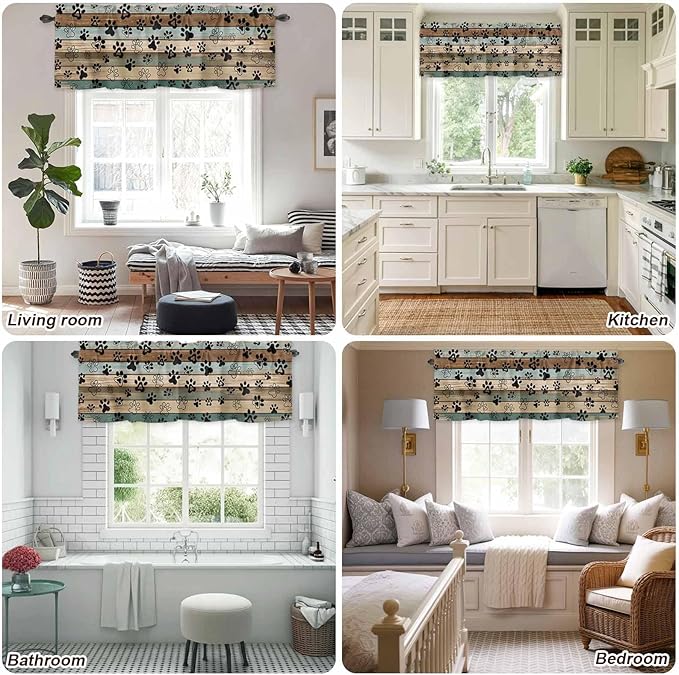 Dog Paws Valance Curtains for Kitchen, Teal Brown Wood Grain Privacy Rod Pocket Valance Curtain, Light-Filtering Window Treatment for Bedroom Bathroom, 60"x14"